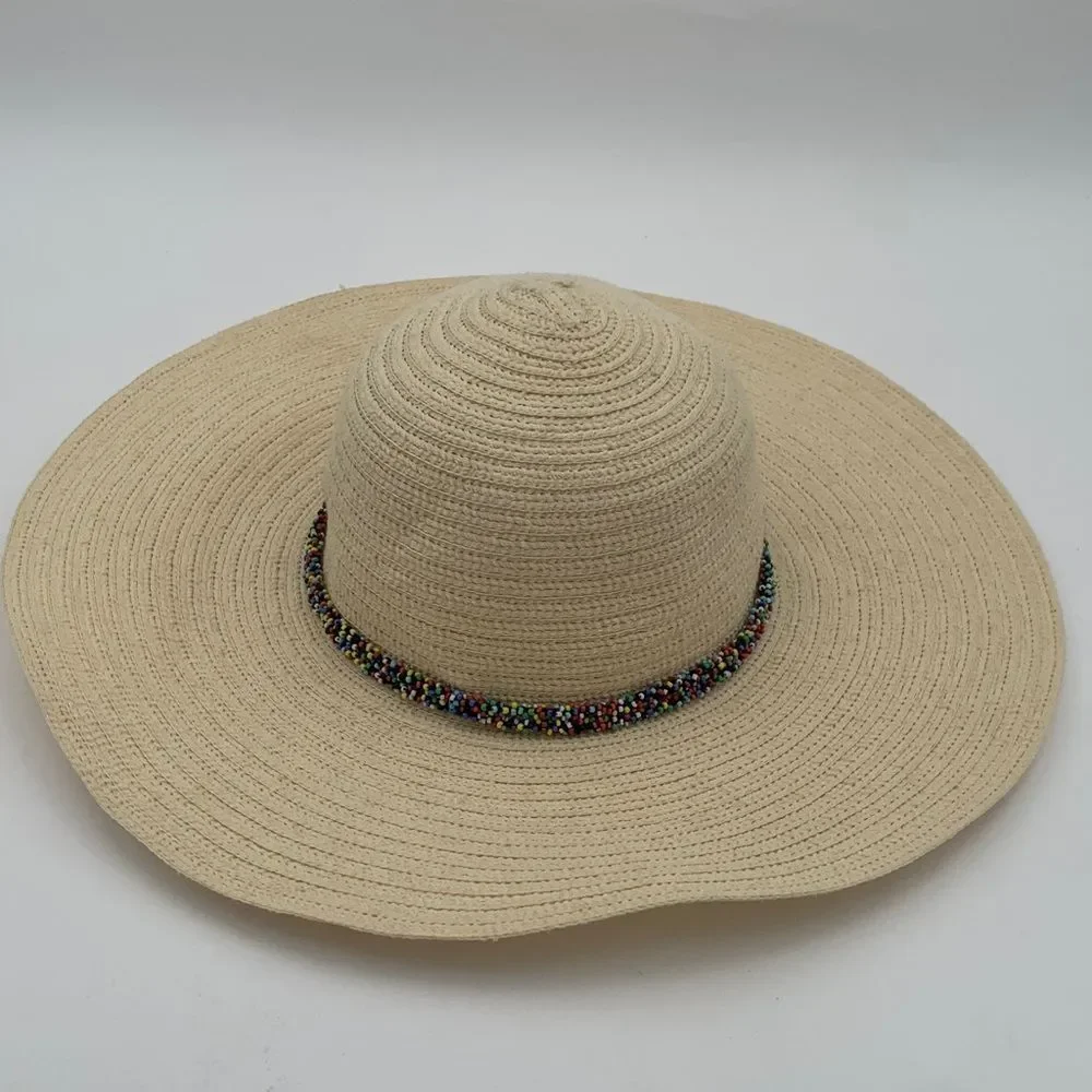 The Accessory Collective Wide Brim Straw Sun Hat Beaded Band Panama Style OS